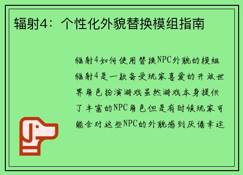 辐射4：个性化外貌替换模组指南